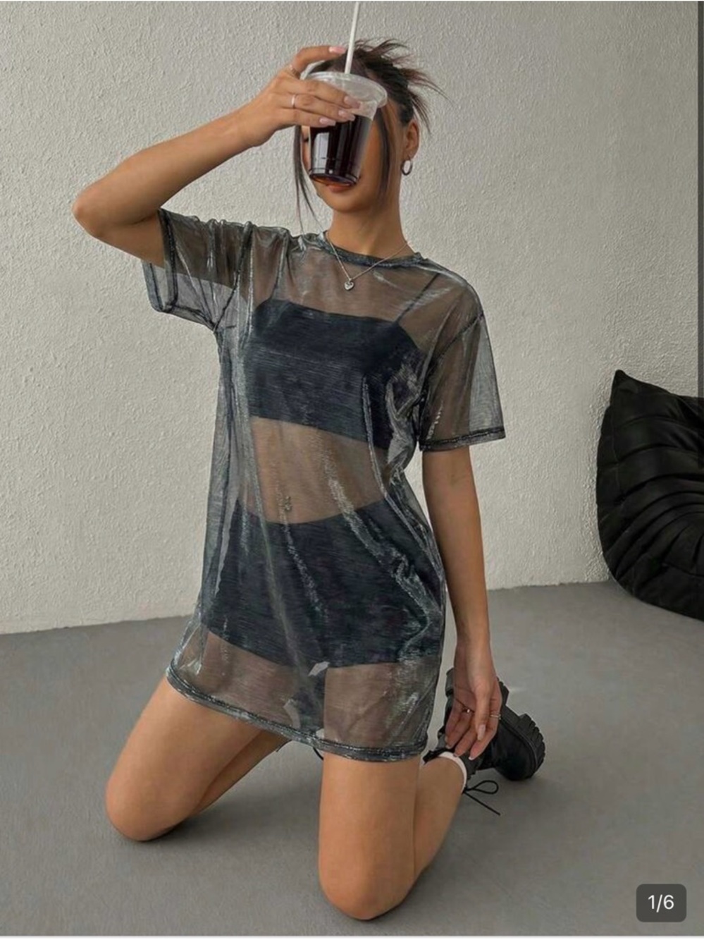 Forever 21 Shimmer Sheer Knit Long T Shirt Top - Champagne Taupe - Picture 8 of 8